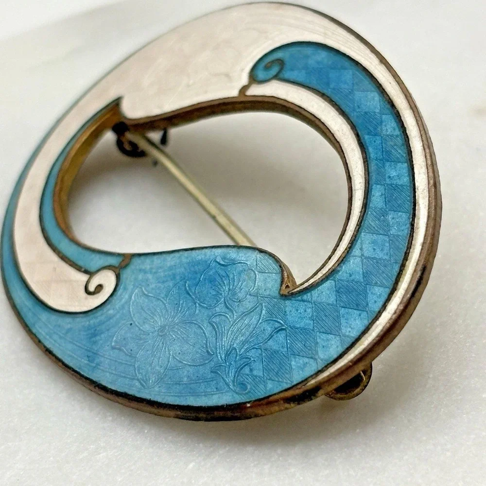 Vintage Guilloche Enamel Sash Pin Brooch Blue White Art Nouveau Unsigned